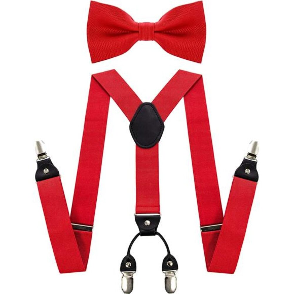 JEMYGINS Solid Color Suspender and Silk Bow Tie Sets for Men